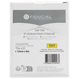 Ruban comp BROTHER TZE 631 12mm geel met zwarte print 