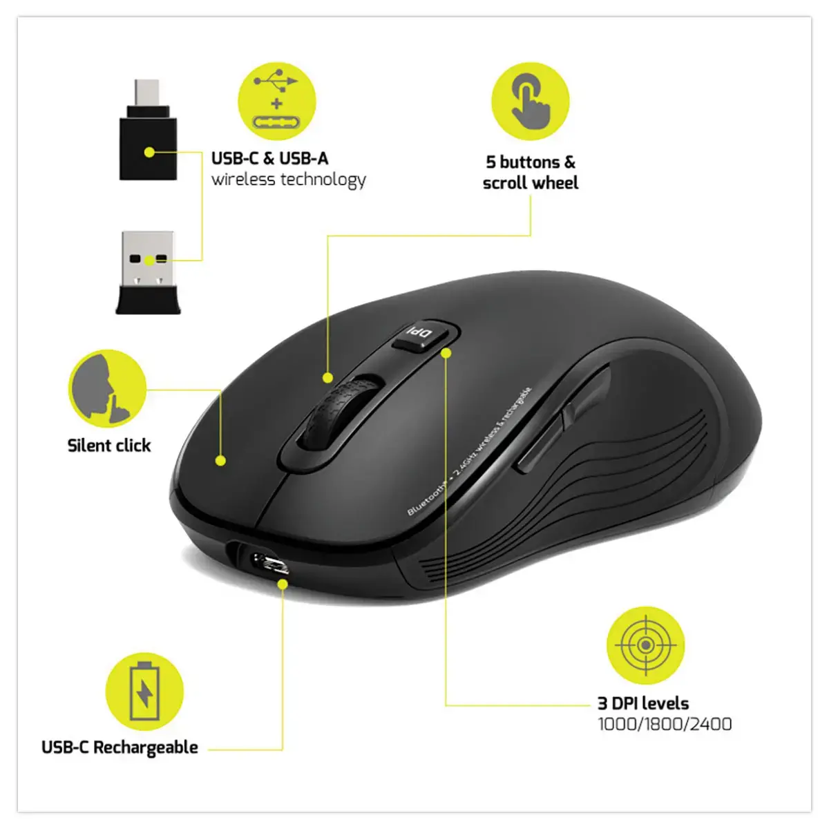 Draadloze ESSENTIEL Bluetooth-muis, oplaadbaar via USB-C