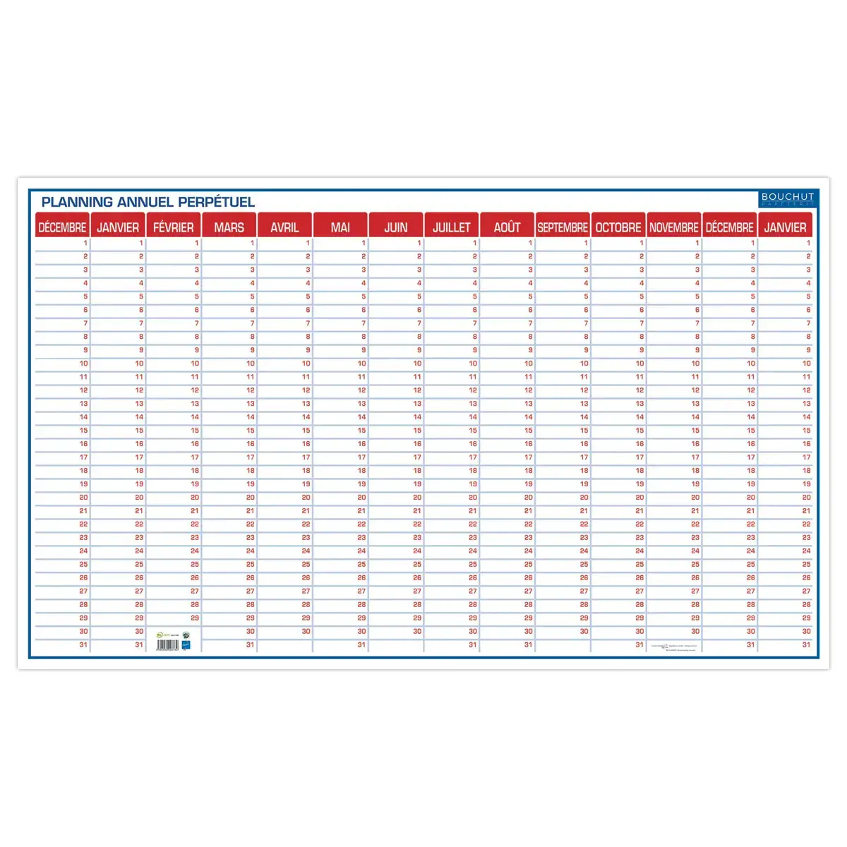 Jaarplanner - 60 x 99 cm - December tot januari - BOUCHUT GRANDREMY 