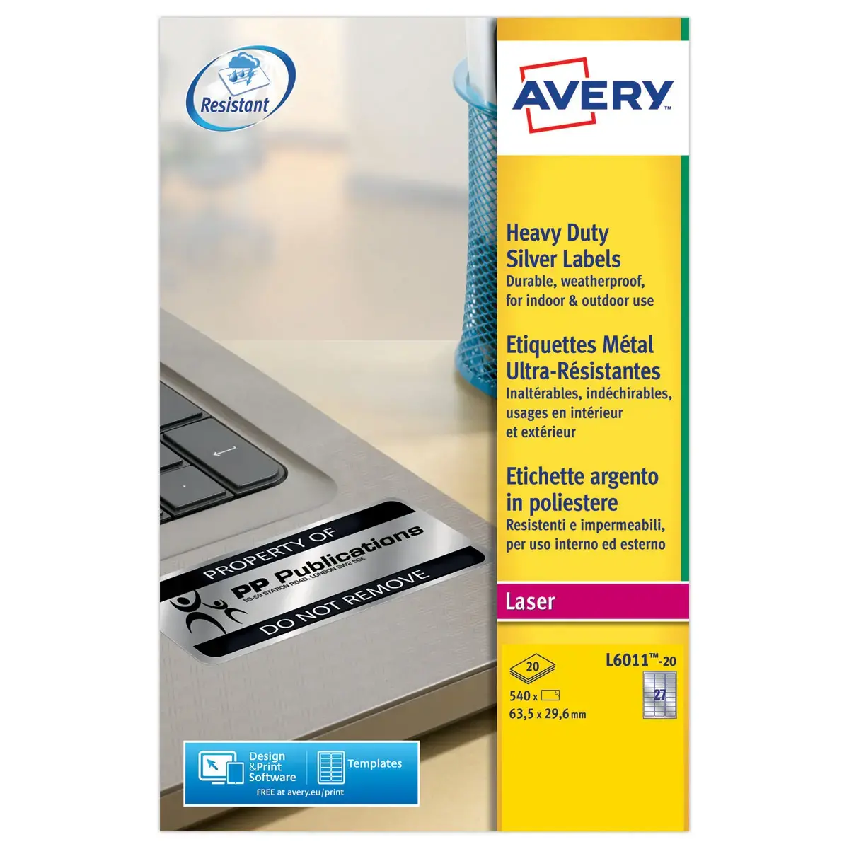 Doos duurzame laseretiketten AVERY 63,5x29,6mm 640 etiketten/doos