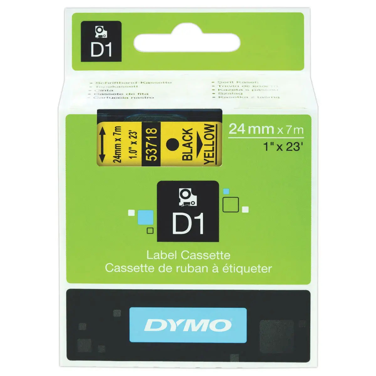 Tape voor labelmaker DYMO D1 24mm achtergrond geel zwarte inkt