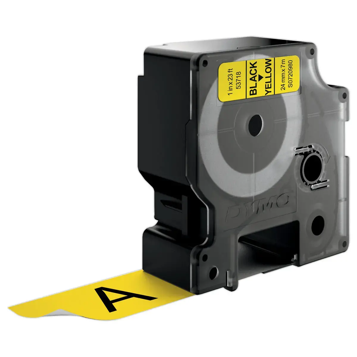 Tape voor labelmaker DYMO D1 24mm achtergrond geel zwarte inkt