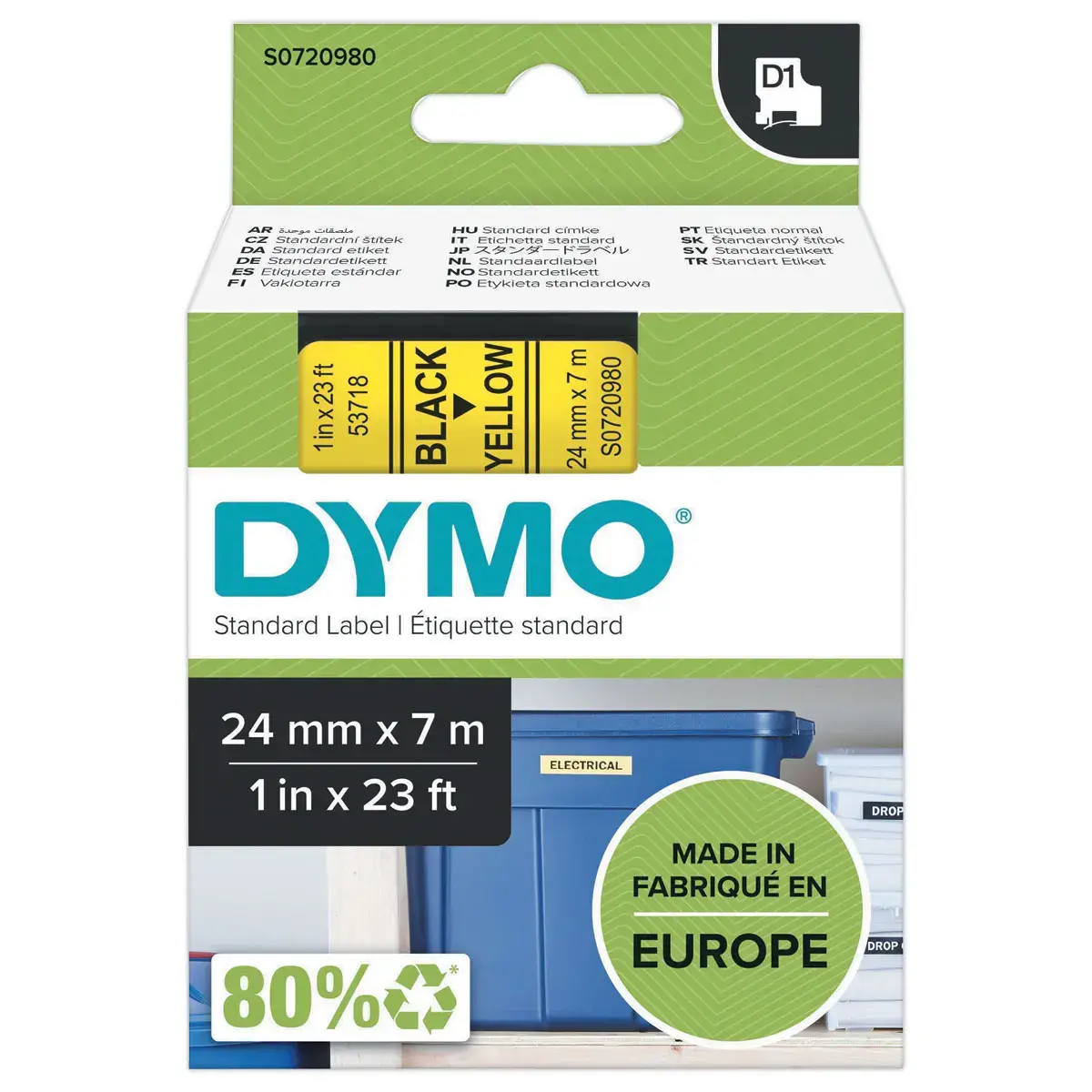 Tape voor labelmaker DYMO D1 24mm achtergrond geel zwarte inkt