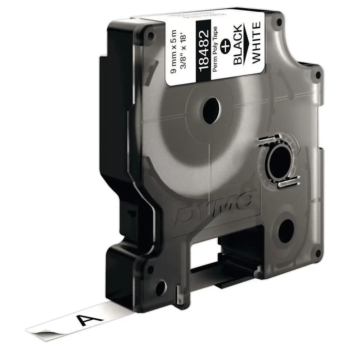 Permanente tape voor labelmaker RHINO 9mm achtergrond wit zwarte inkt