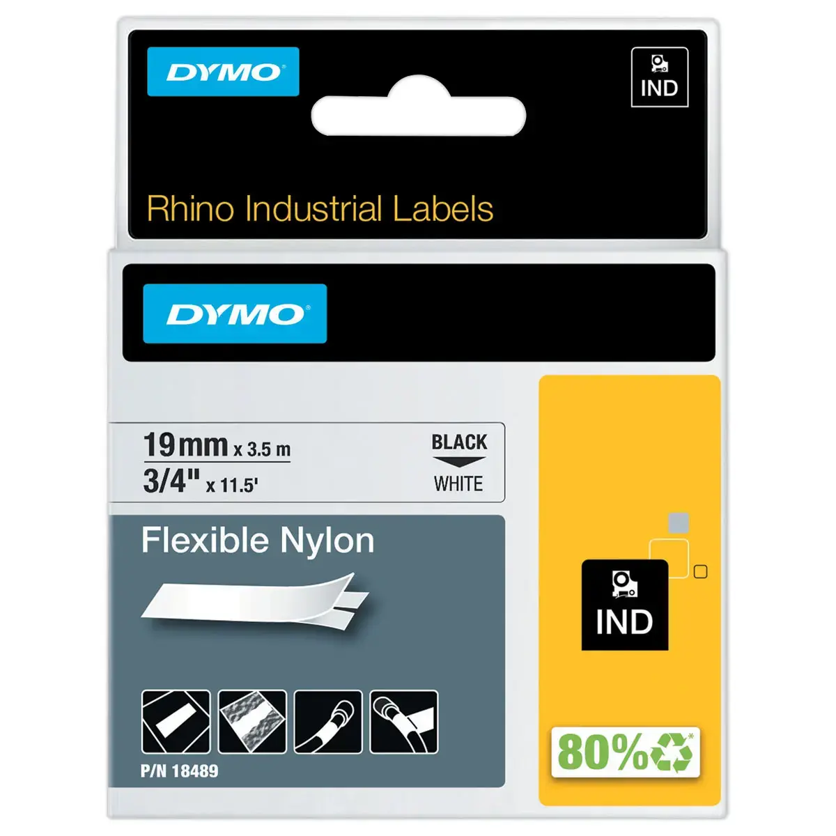 Permanente tape voor labelmaker RHINO 9mm achtergrond wit zwarte inkt