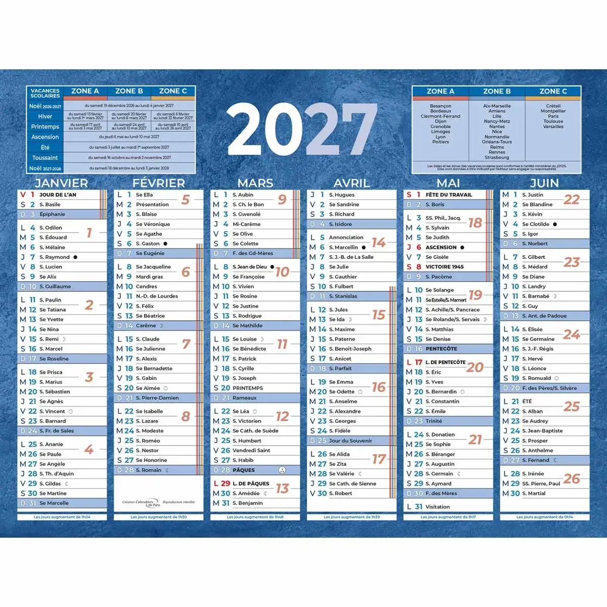 Blauwe bankkalender 12 maanden - 17,5 x 13,5 cm - BOUCHUT GRANDREMY 