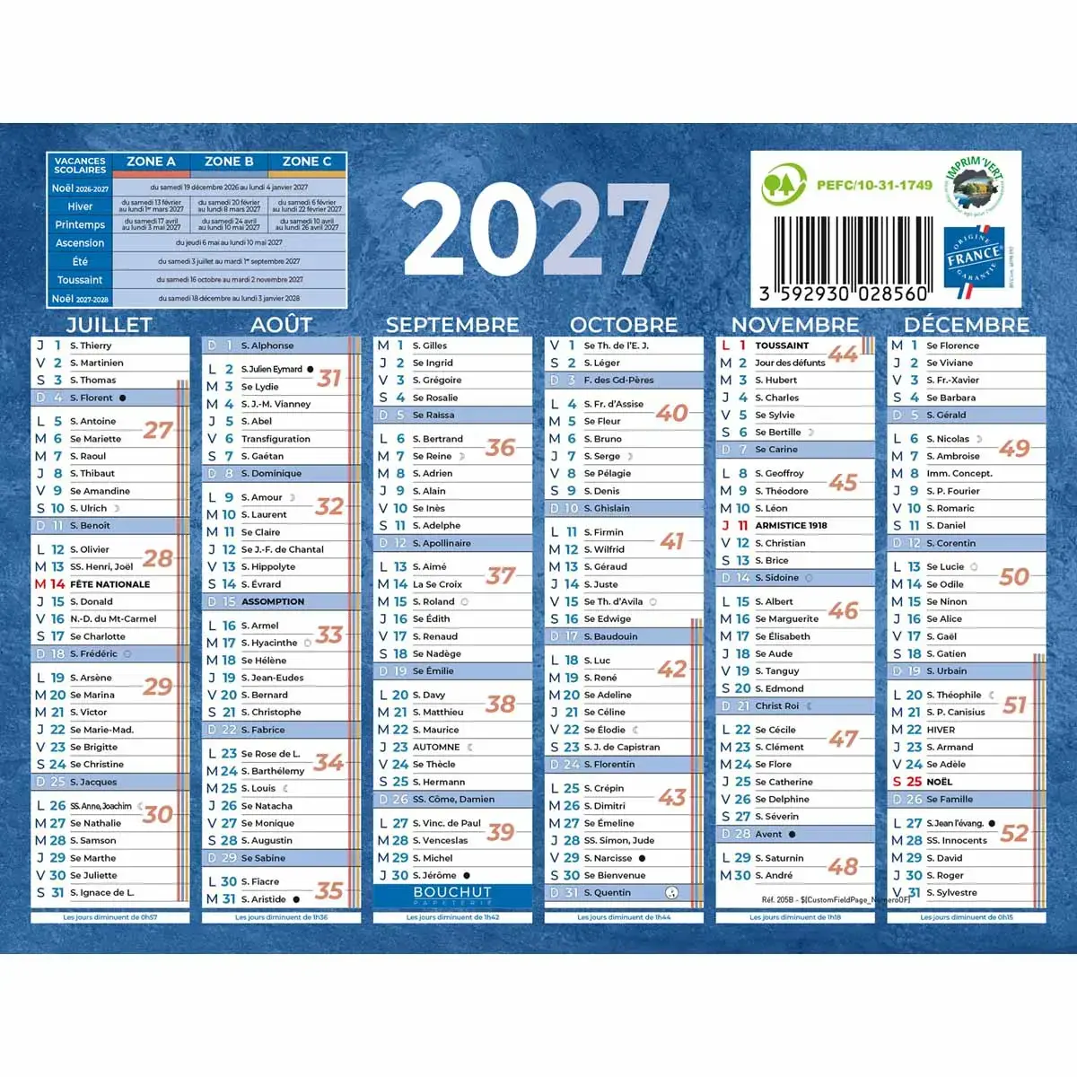 Blauwe bankkalender 12 maanden - 17,5 x 13,5 cm - BOUCHUT GRANDREMY 