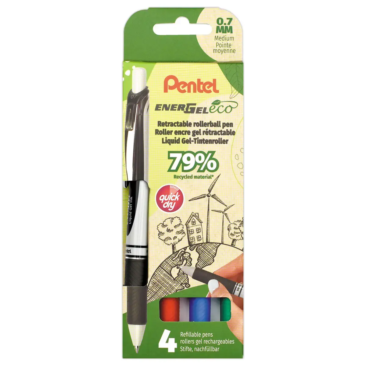 4 metalen punt rollers Energel - Medium schrijfdikte - Zwart - PENTEL