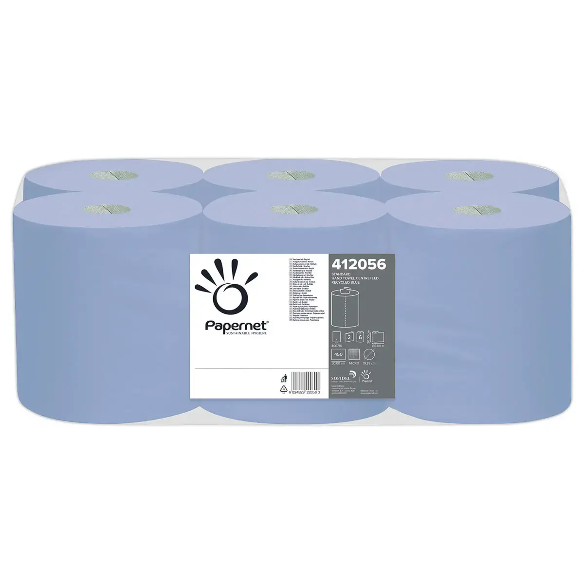 6  Rollen Centrale afwikkeling - blauw gerecycleerd- vel 20 x 30 cm 