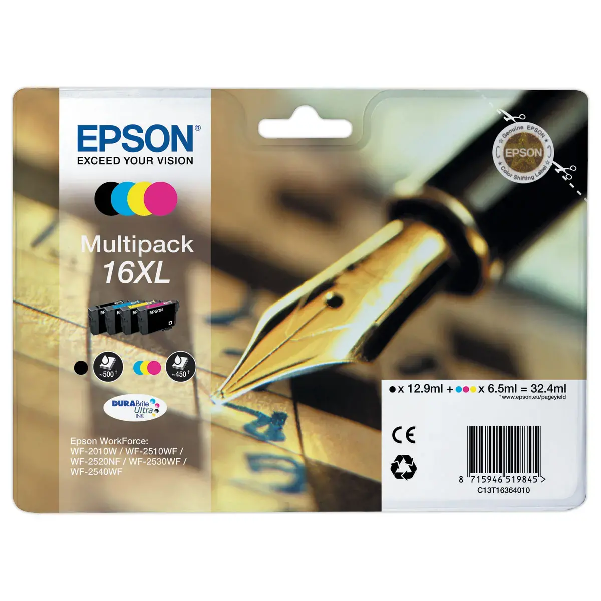 4  Inkjetcartridge EPSON T1636 Zwart, cyaan, magenta en geel 