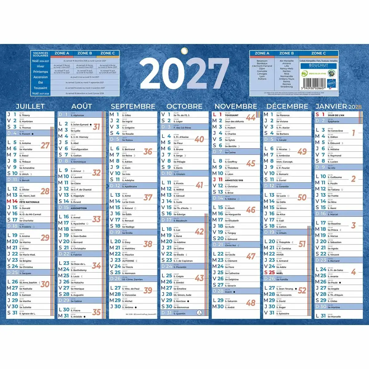 Kalender bank Bouchut blauw 13 maanden- 42 x 32 cm