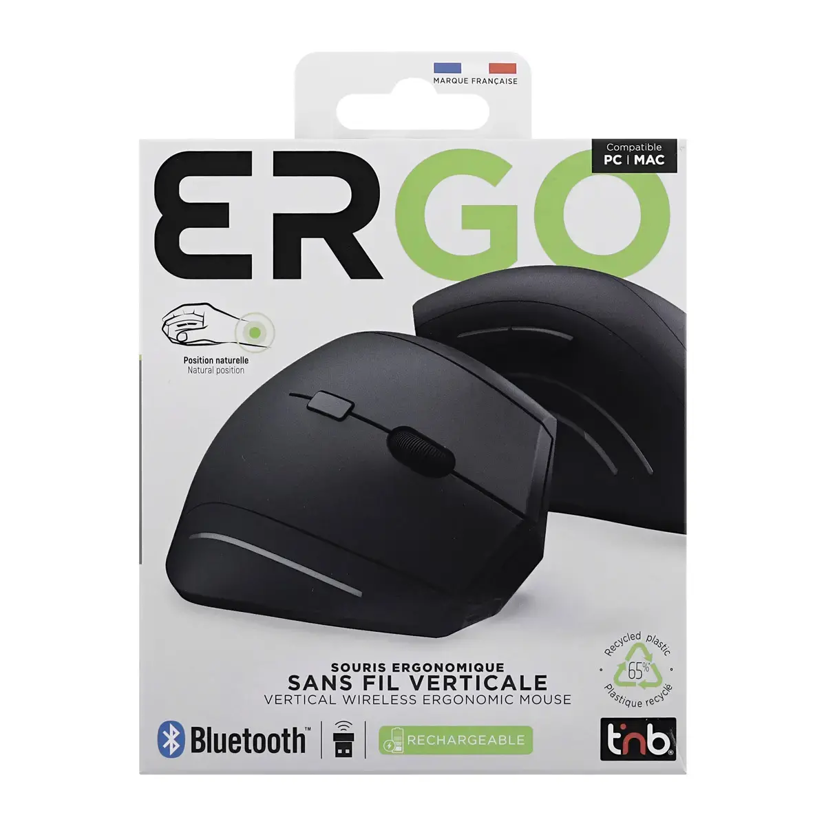 Draadloze ERGO-muis - Verticaal - Oplaadbaar - Zwart - T'NB