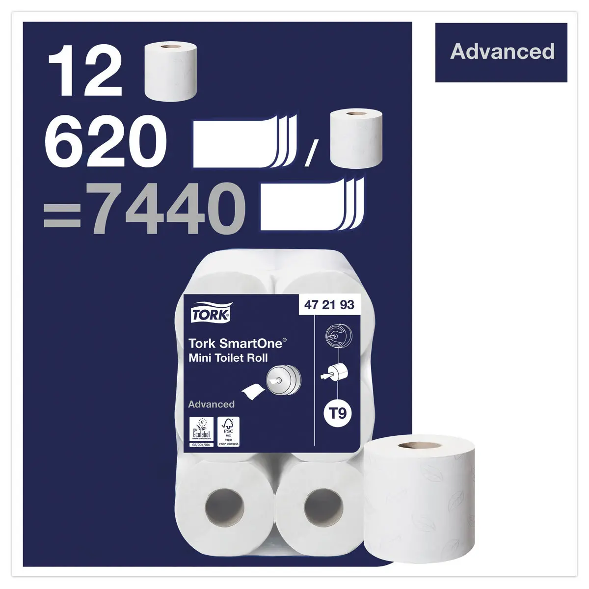 12 Rollen van 620 vellen toiletpapier TORK Advanced