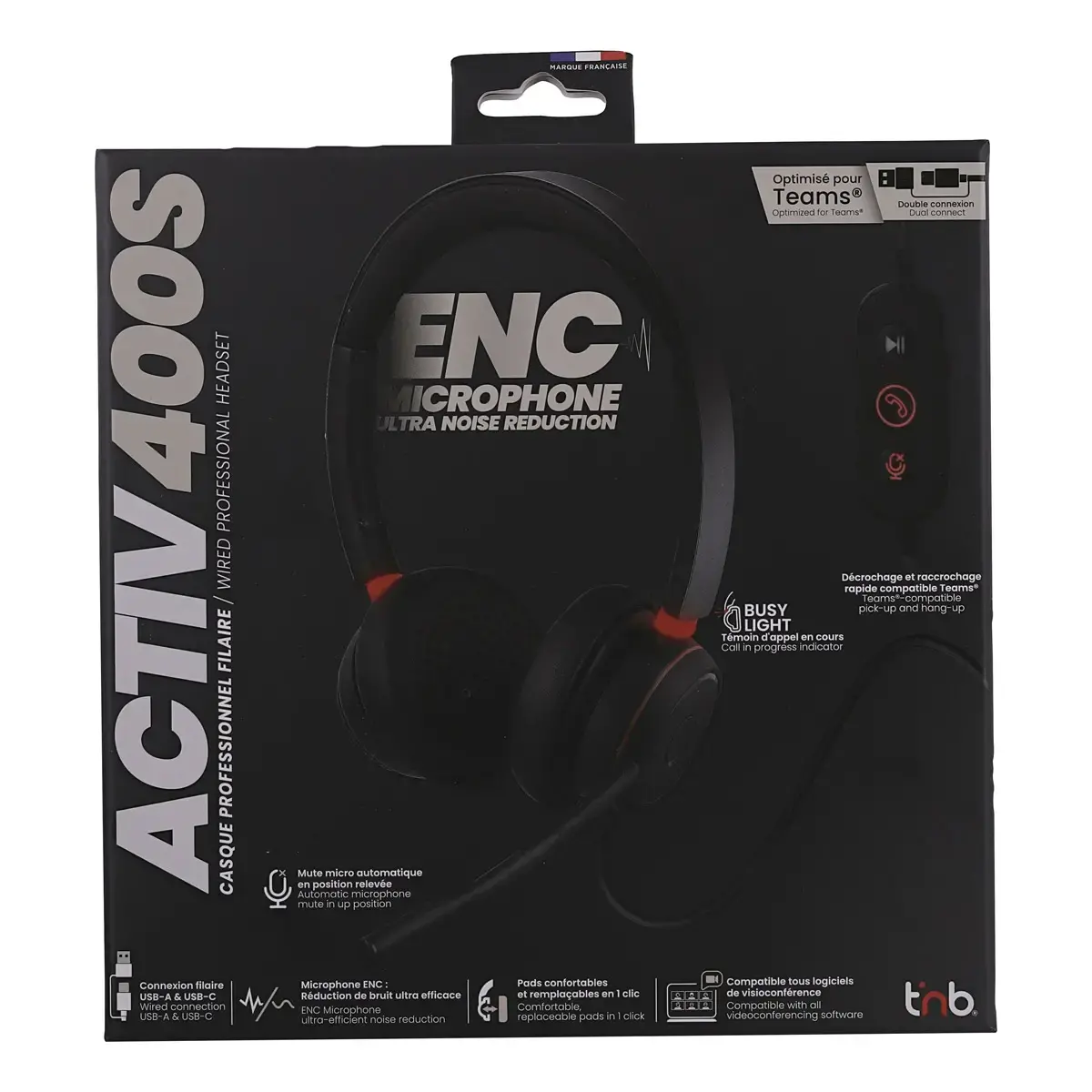 ACTIV 400S hoofdtelefoon met microfoon - USB-A/C - Zwart - T'NB
