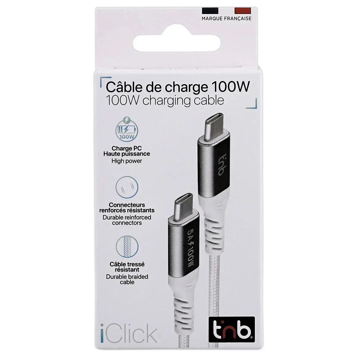 100W 2m USB-C/USB-C-kabel - Gevlochten - Wit - T'NB