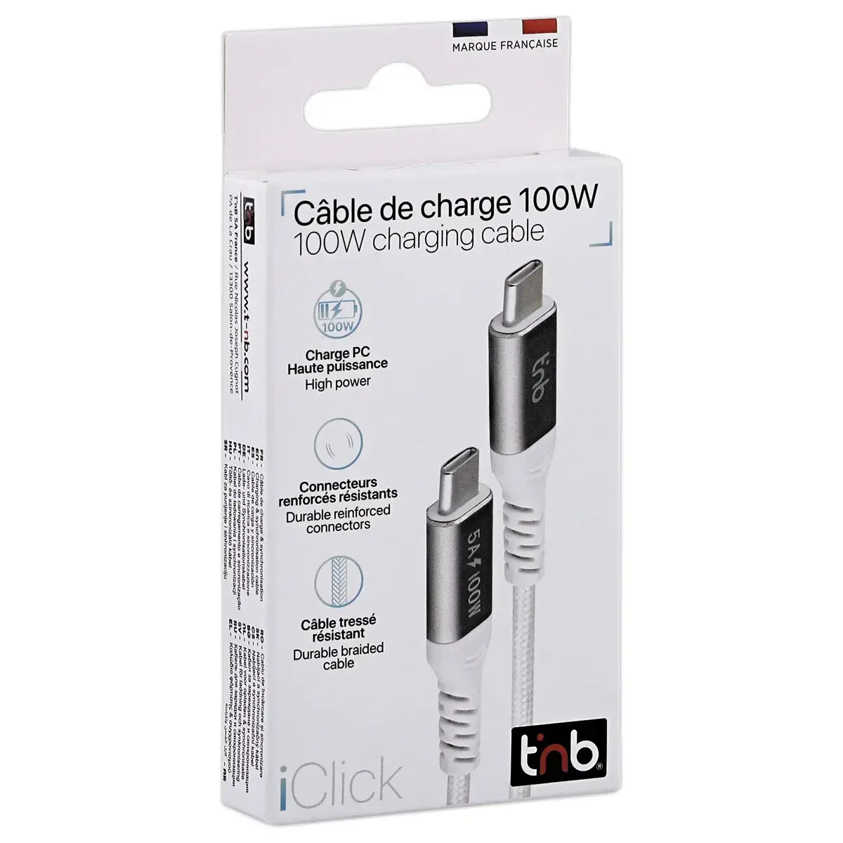 100W 2m USB-C/USB-C-kabel - Gevlochten - Wit - T'NB