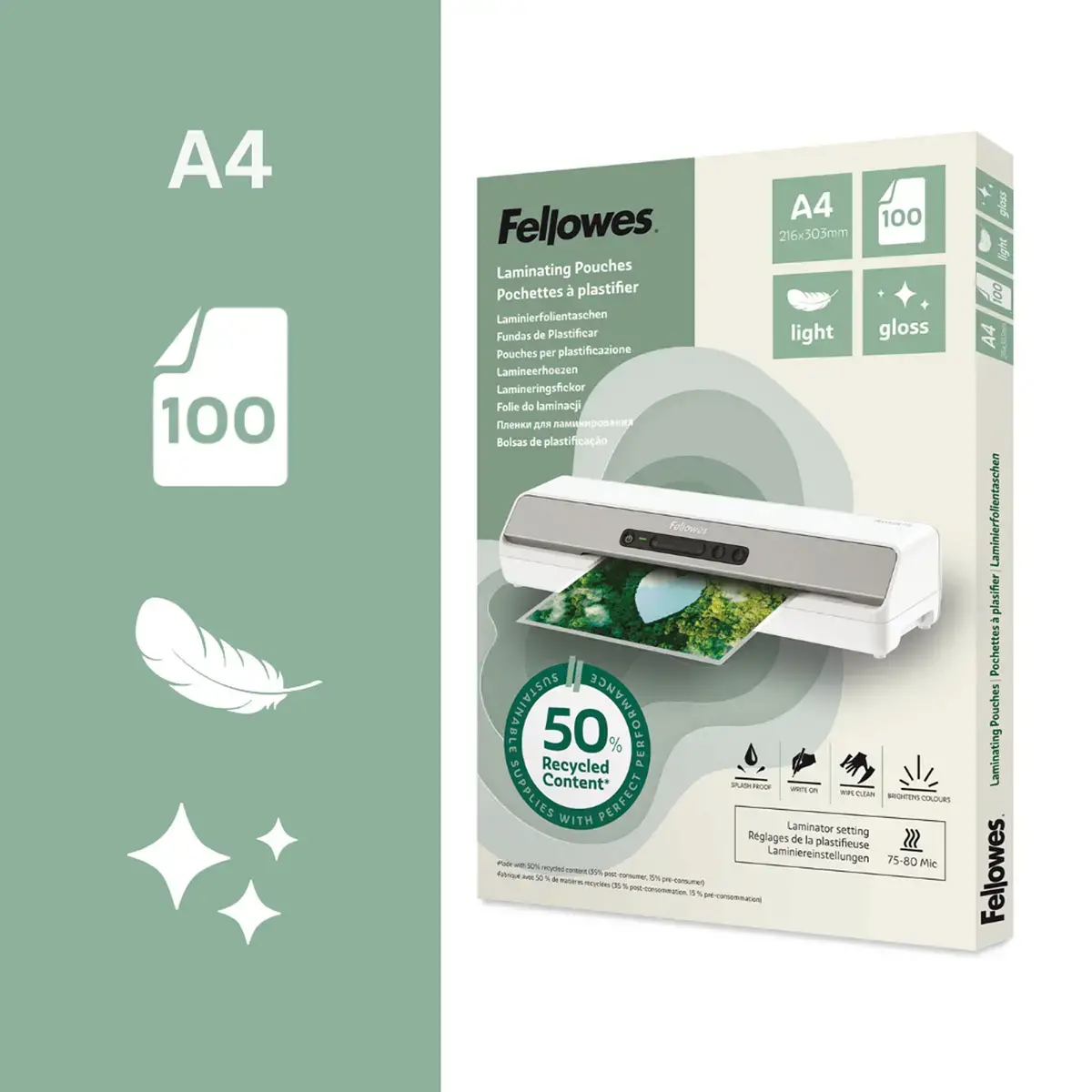 100 glanzende gelamineerde A4-hoesjes - 80 micron - FELLOWES 