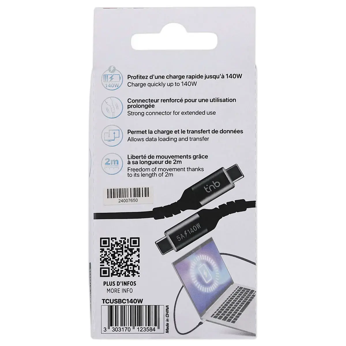 iClick USB-C-kabel 140W - 2m - Zwart - T'NB