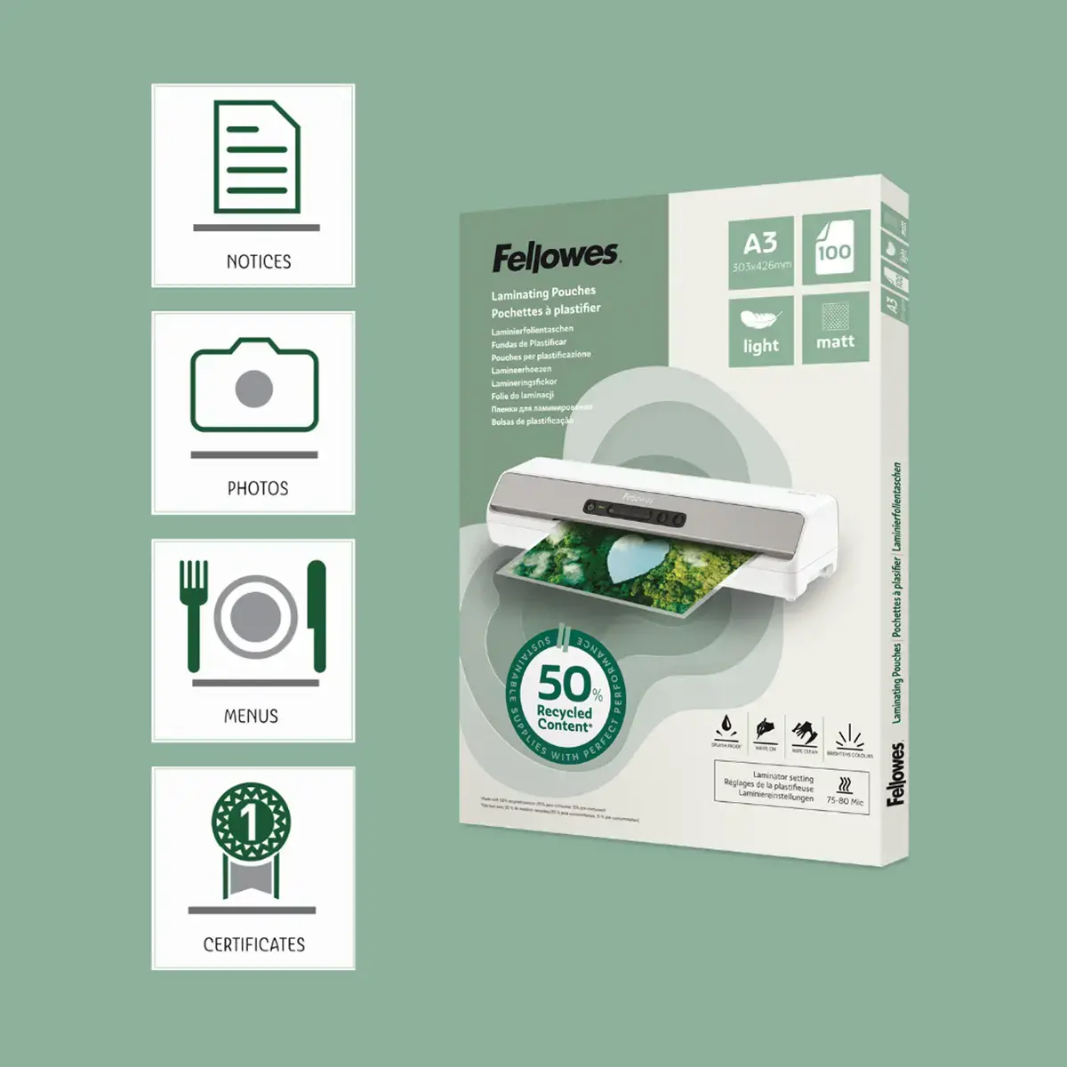 100 Mat Gelamineerde A3 Mappen - 80 micron - FELLOWES