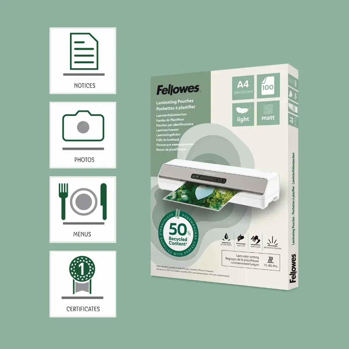 100 Lamineerhoezen A4 licht mat gerecycled materiaal