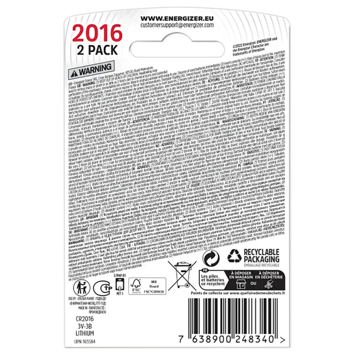 2 Piles lithium - CR2016 (3V) - ENERGIZER