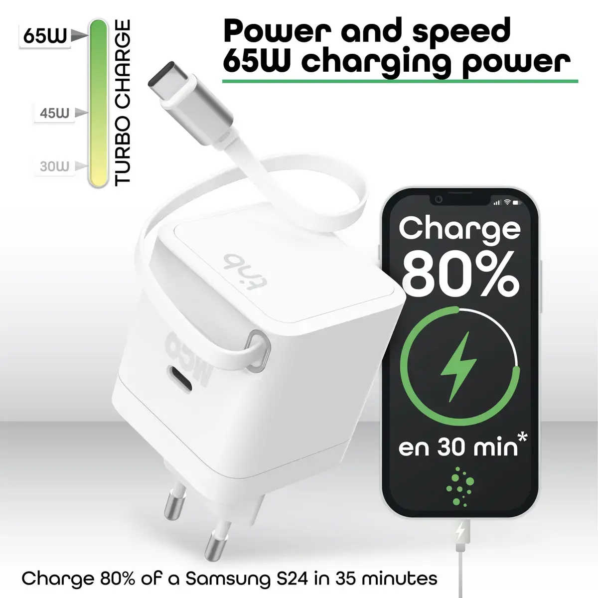 GAN-lader 3 USB 65W + kabel