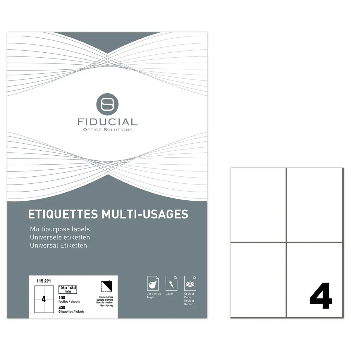 100 Vellen van 4 witte etiketten - Rechte hoeken - 105x70 mm - FIDUCIAL OFFICE SOLUTIONS
