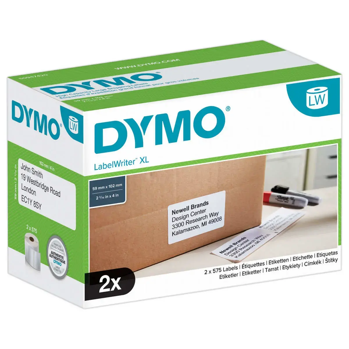 2 Rolletjes van 575 LW-labels voor groot volume 102 x 59 mm