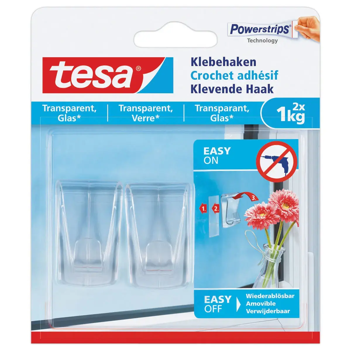 2 Zelfklevende haken voor transparante oppervlakken 1 kg - Set van 2 - TESA