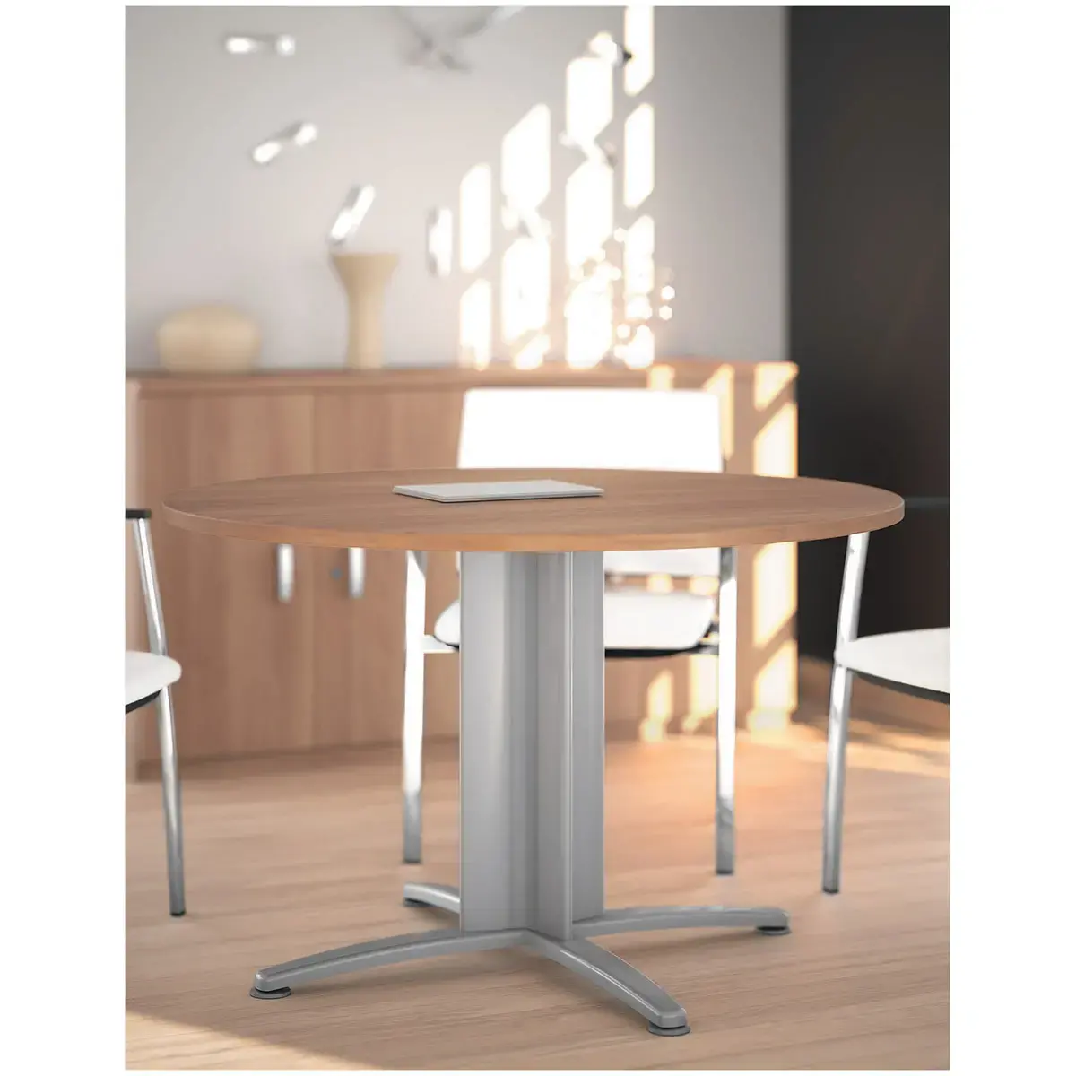Tafel vergader rond diam. 116cm noten/wit