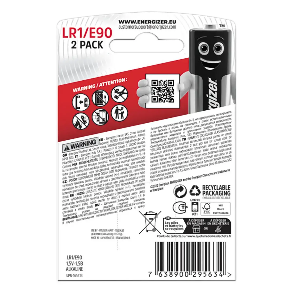 2  Alkaline batterijen ENERGIZER LR1/E90 (1,5V) 