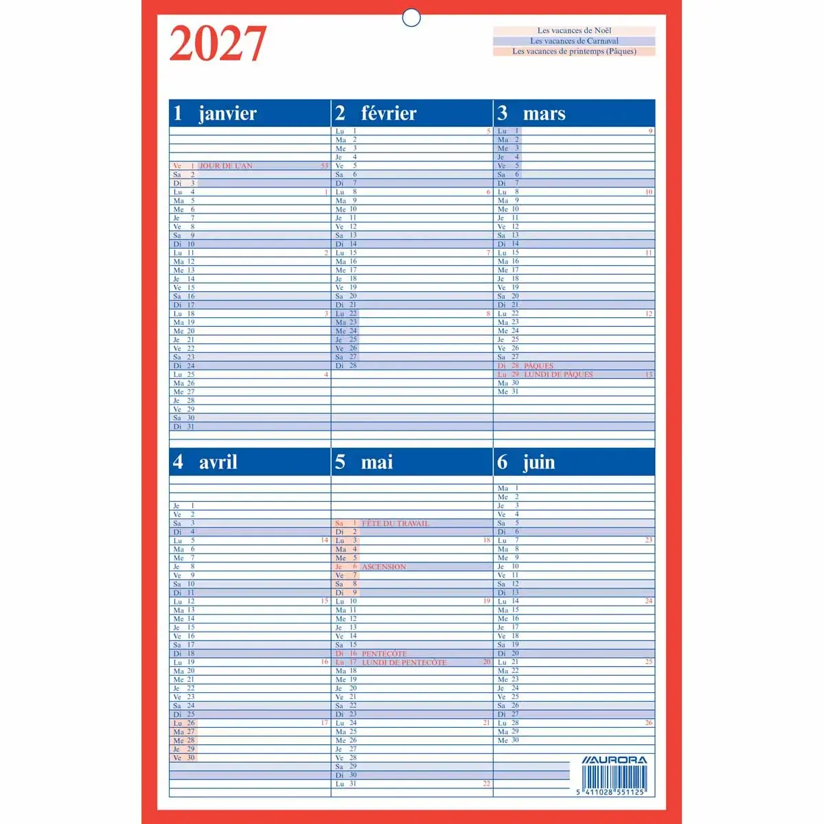 Mementokalender Aurora BE FR - 21 x33 cm