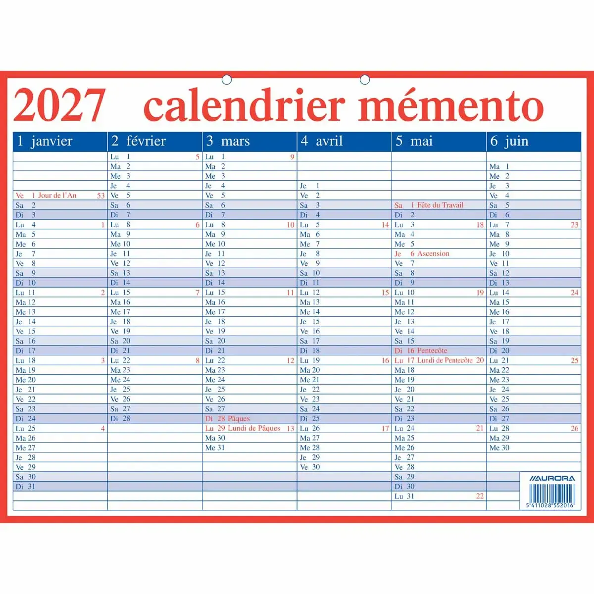 Mementokalender Aurora BE FR - 42 x33 cm
