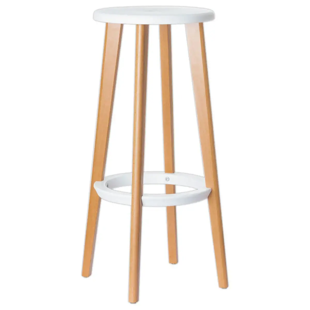 2 Houten WOODY krukken met beukenpoot en witte zitting, gemonteerd