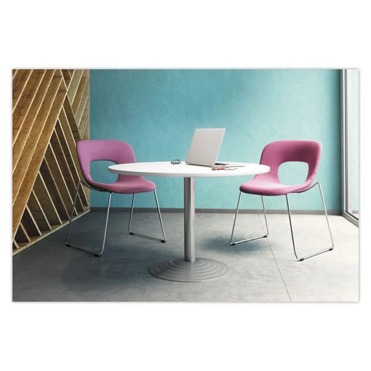 Ronde tafel diam 116 cm witte plaat zilveren voet tulpvoet