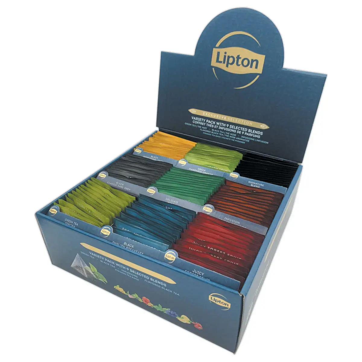 Coffret Lipton theeën en infusies met 108 zakjes.