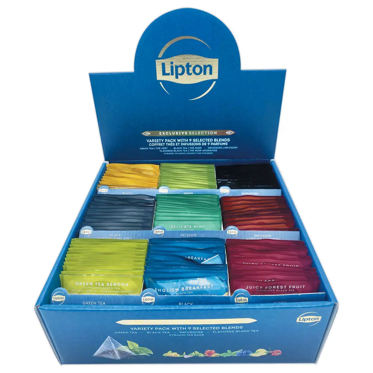 Coffret Lipton theeën en infusies met 108 zakjes.