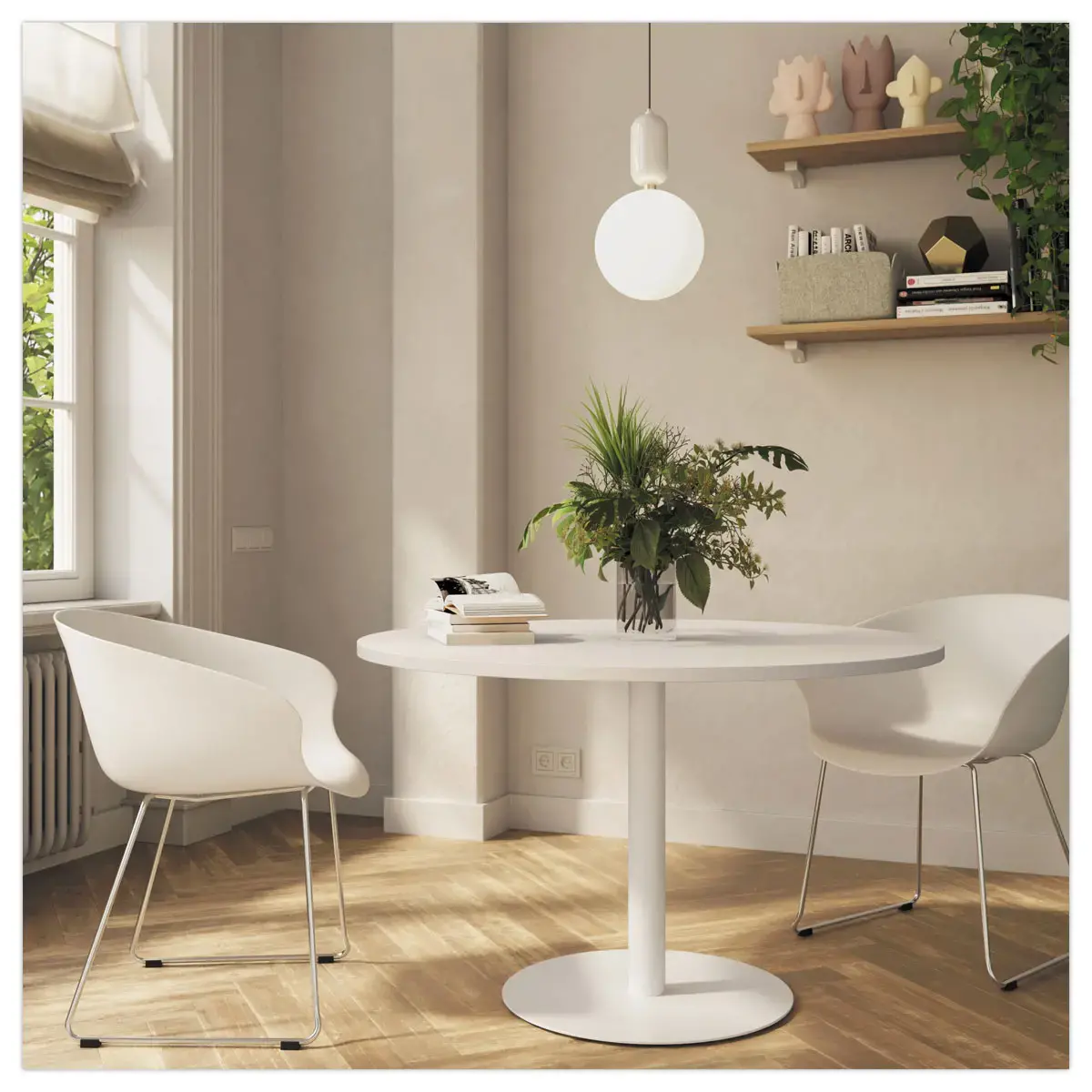 Ronde tafel diam 116 cm witte blad witte voet tulpvoet