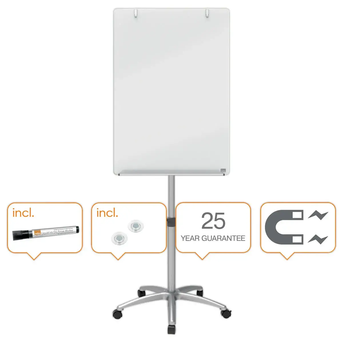 Mobiel magnetisch paperboard van glanzend wit glas - 70 x 185 cm - NOBO 