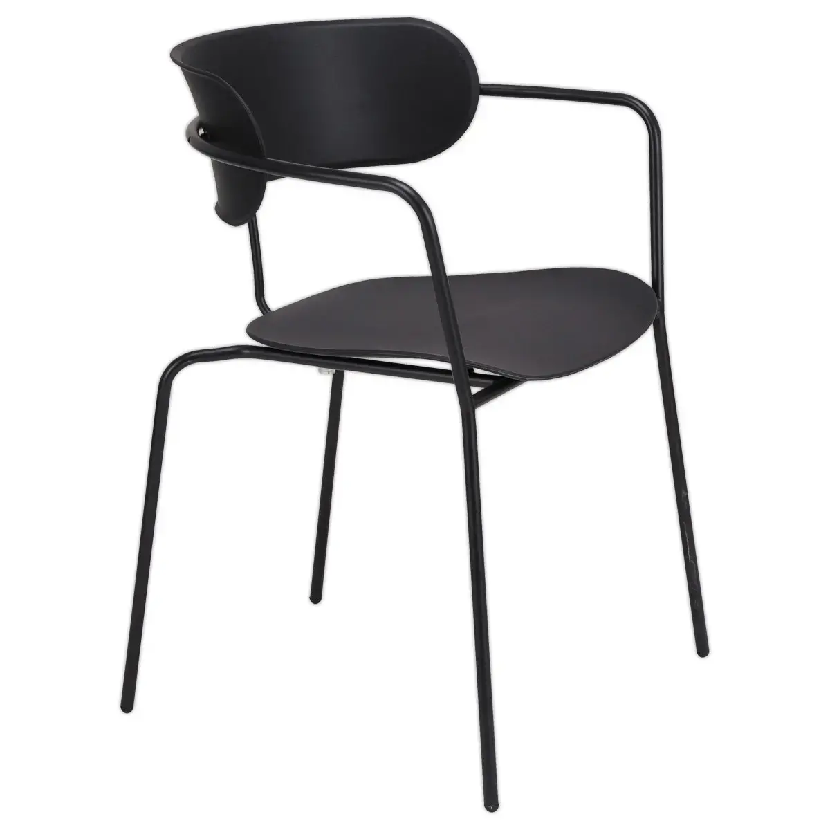 2  Bistrostoelen met zwarte poten en zwarte zitting 
