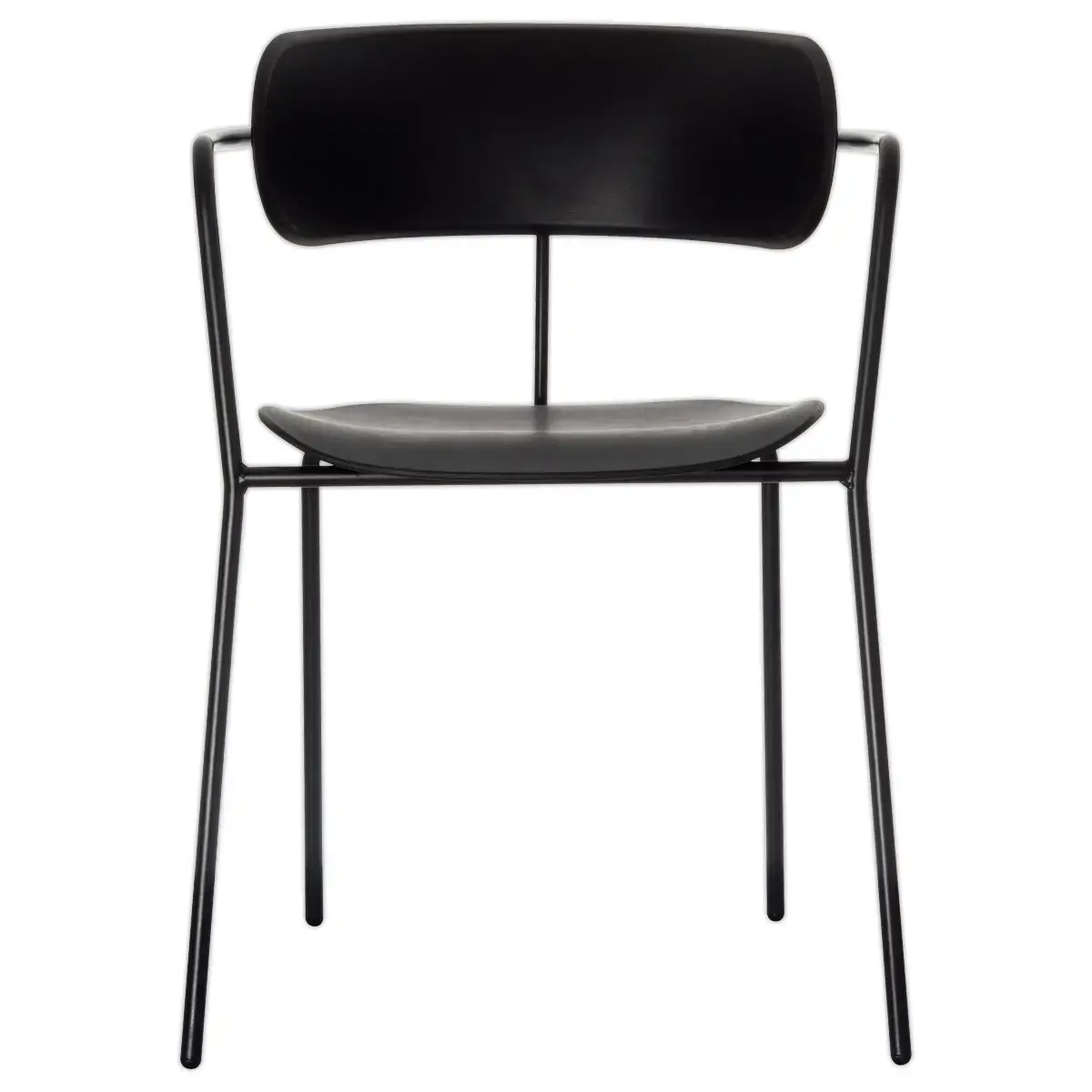 2 Bistrostoelen met zwarte poten en zwarte zitting, gemonteerd