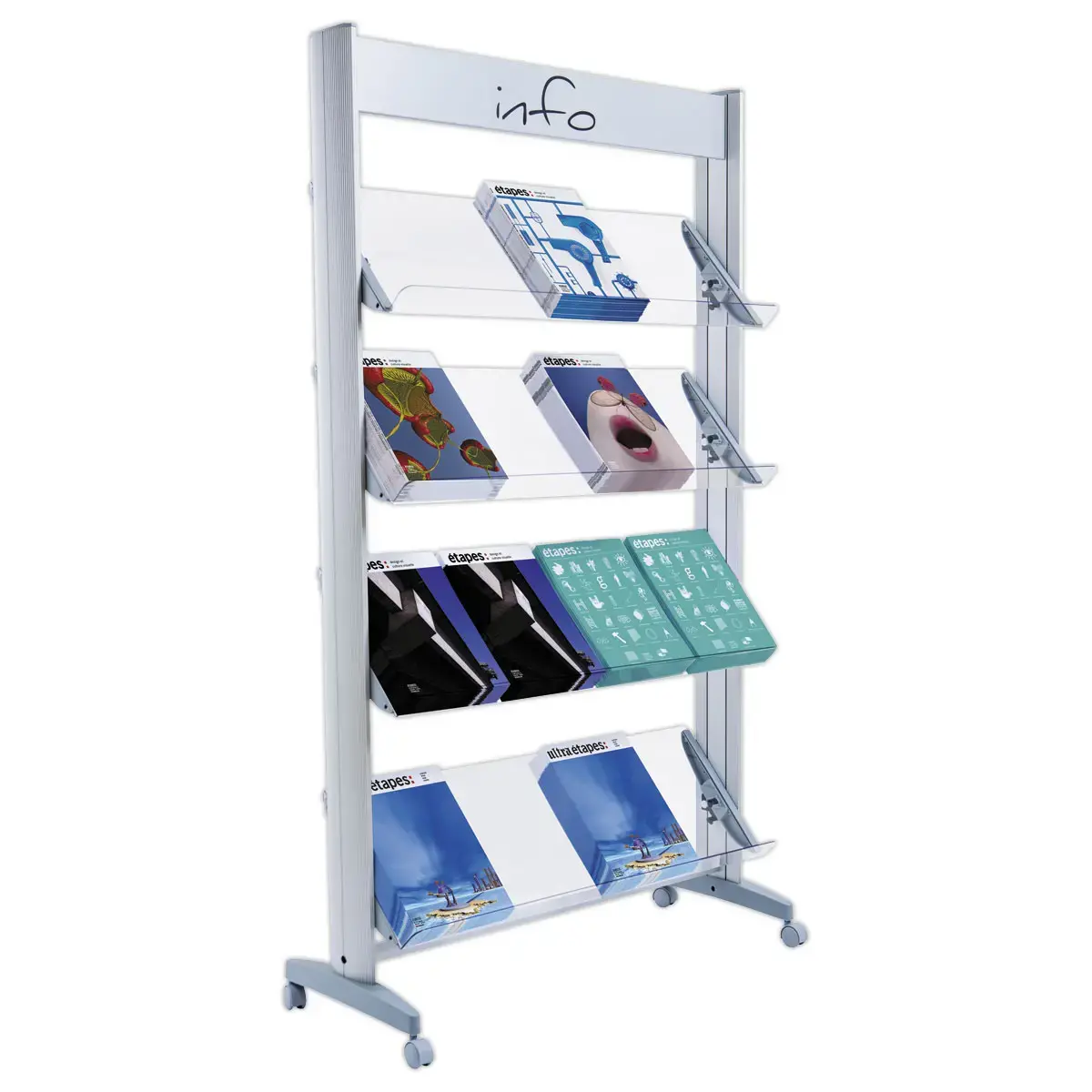 Mobiele displaystand alu met 4 plexi-planken voor 18 A4-documenten.