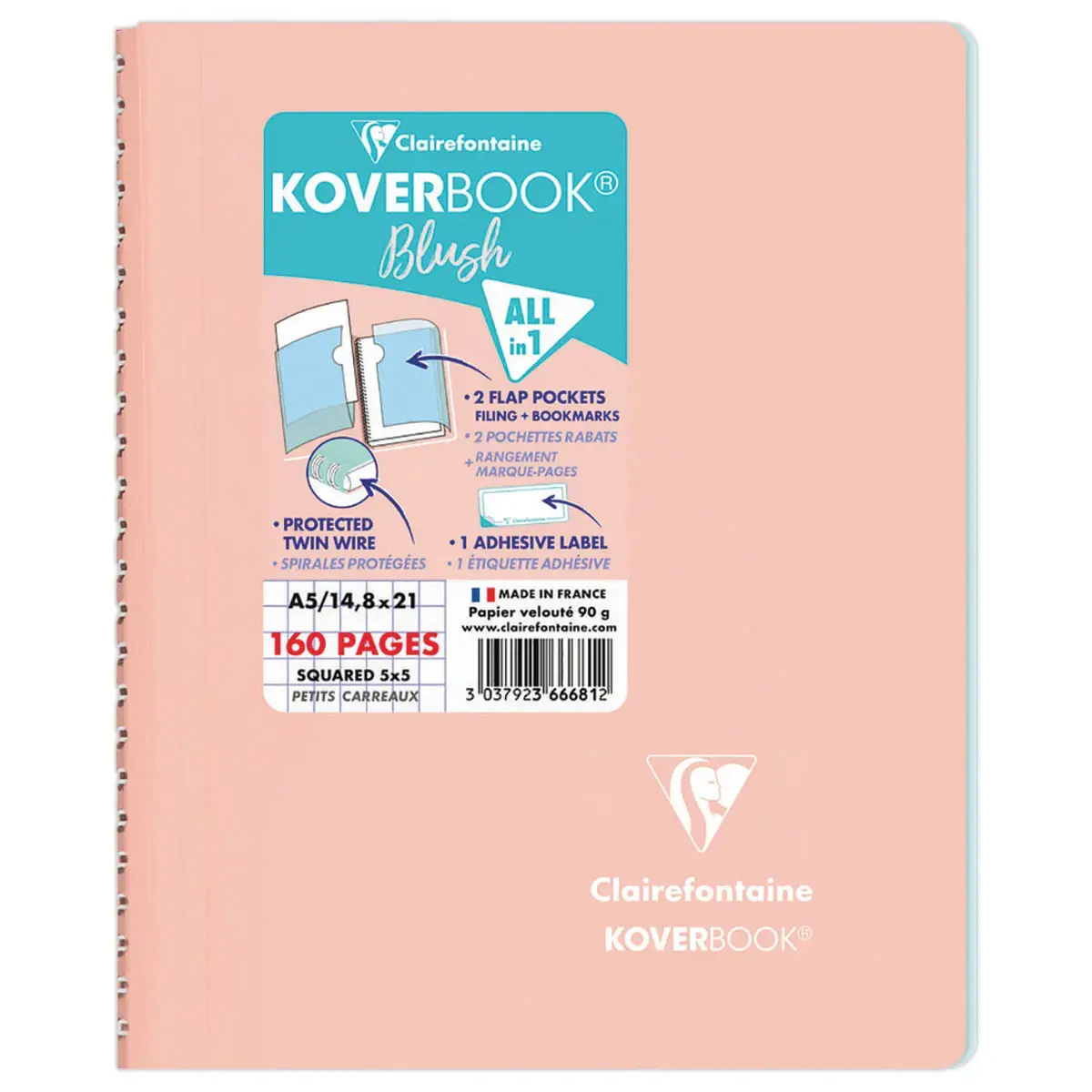 Spiraalschrift KOVERBOOK Blush - A5 160 pagina's - 90g - CLAIREFONTAINE 