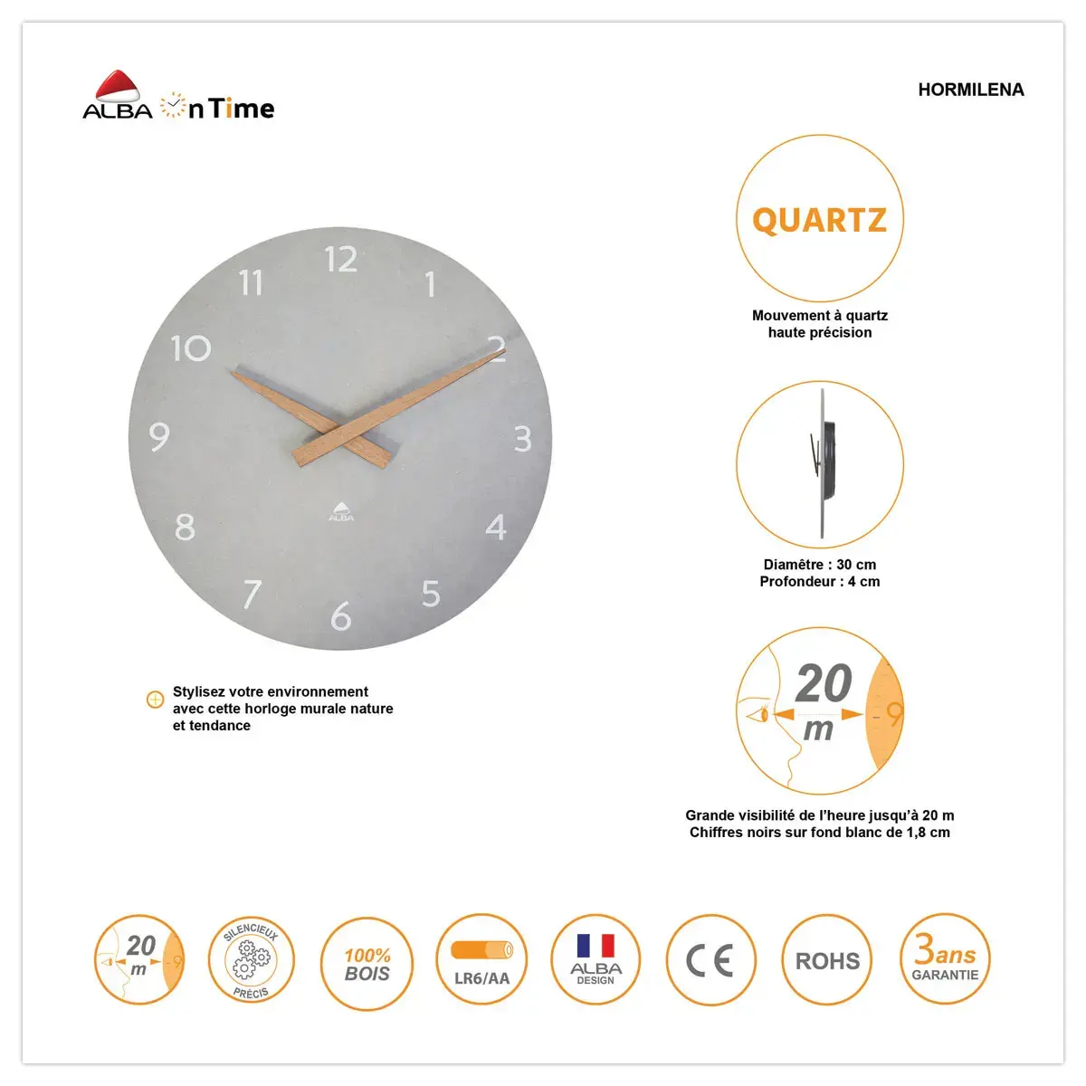 Muurhorloge Milena grijs 30 cm houten wijzerplaat