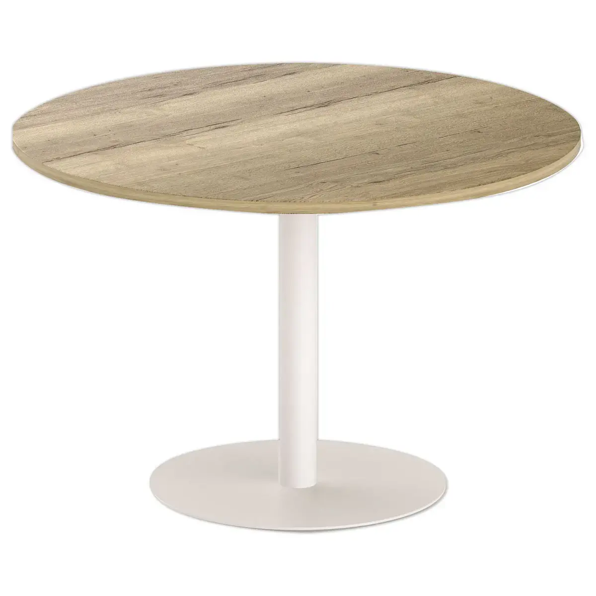 Ronde tafel diam 116 cm blad van geaderd eiken, witte tulpenvoet 