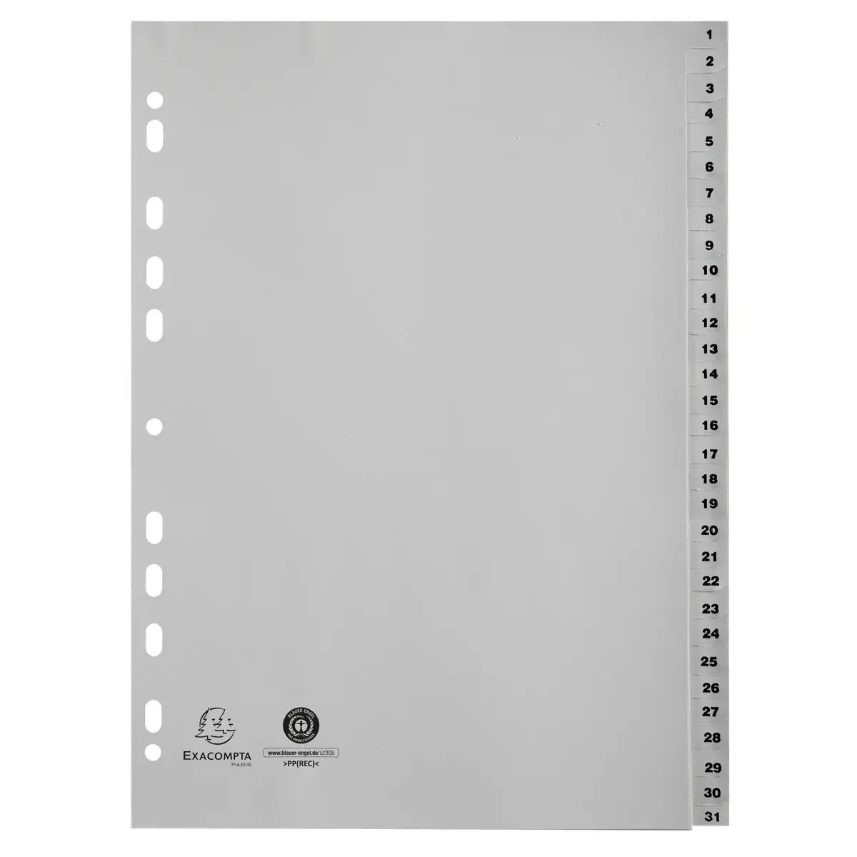 Set tabbladen A4 gerecycleerd PP - 31 numerieke tabs 