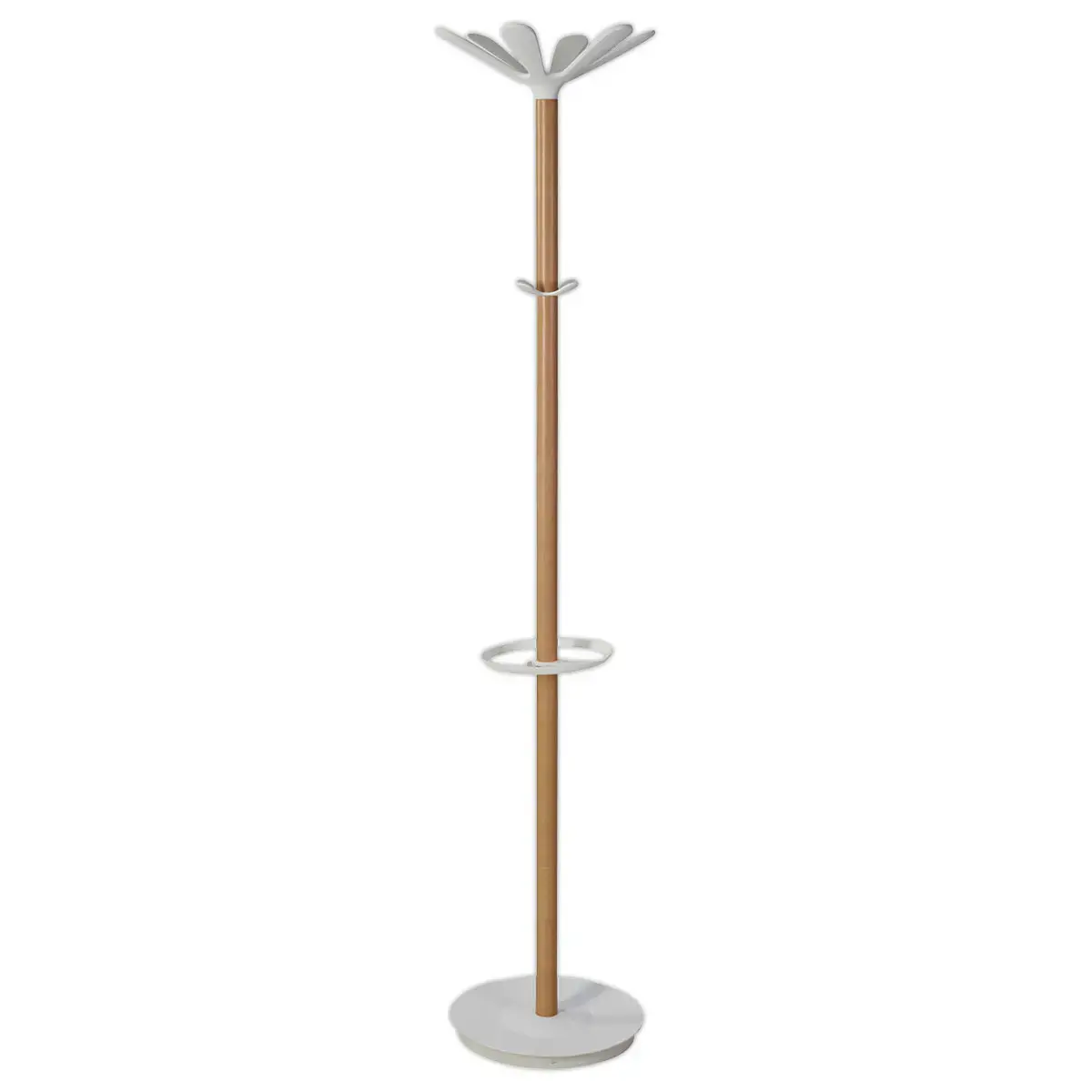 Kapstok - 10 haken + paraplubak - Hout en wit metaal - ALBA