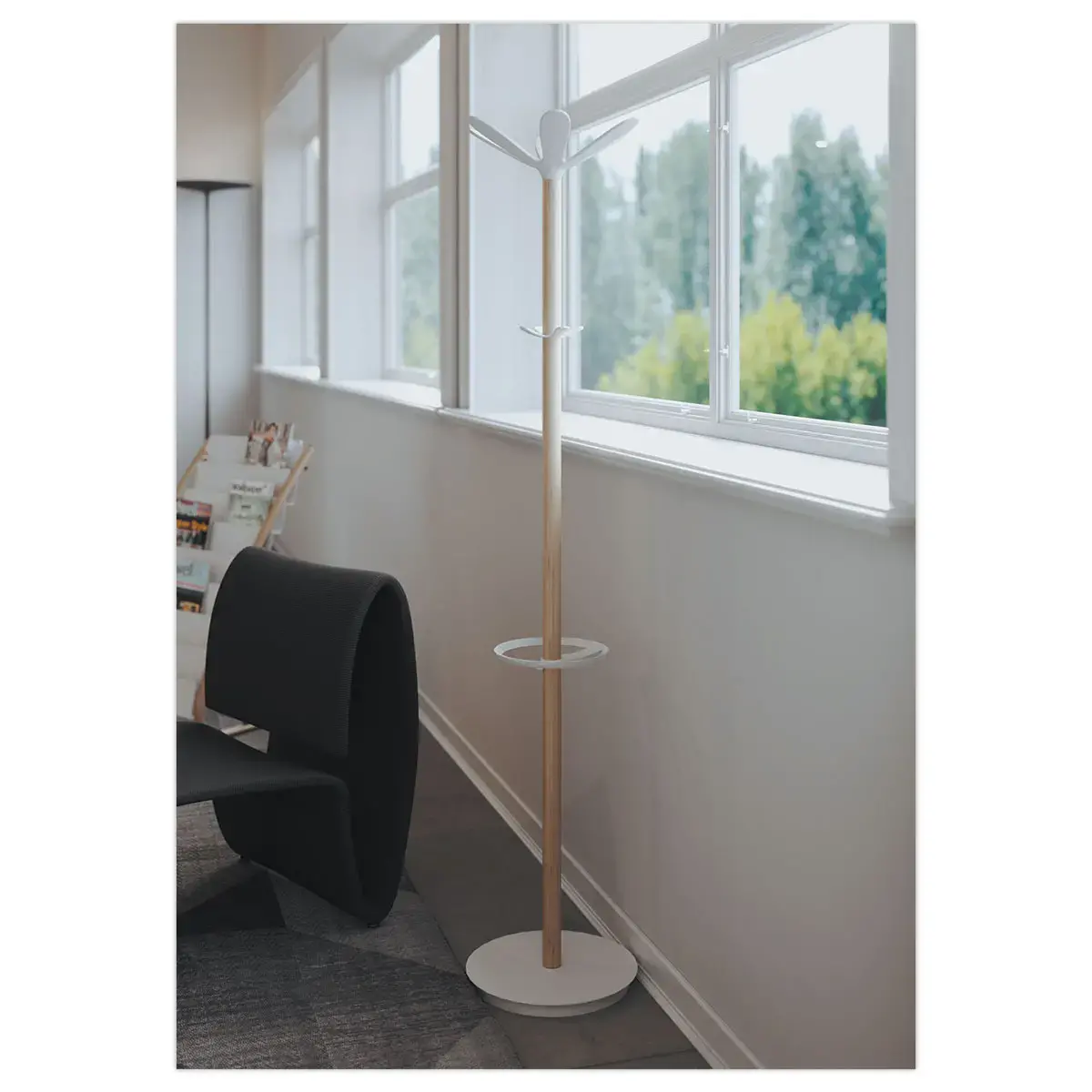 Kapstok - 10 haken + paraplubak - Hout en wit metaal - ALBA
