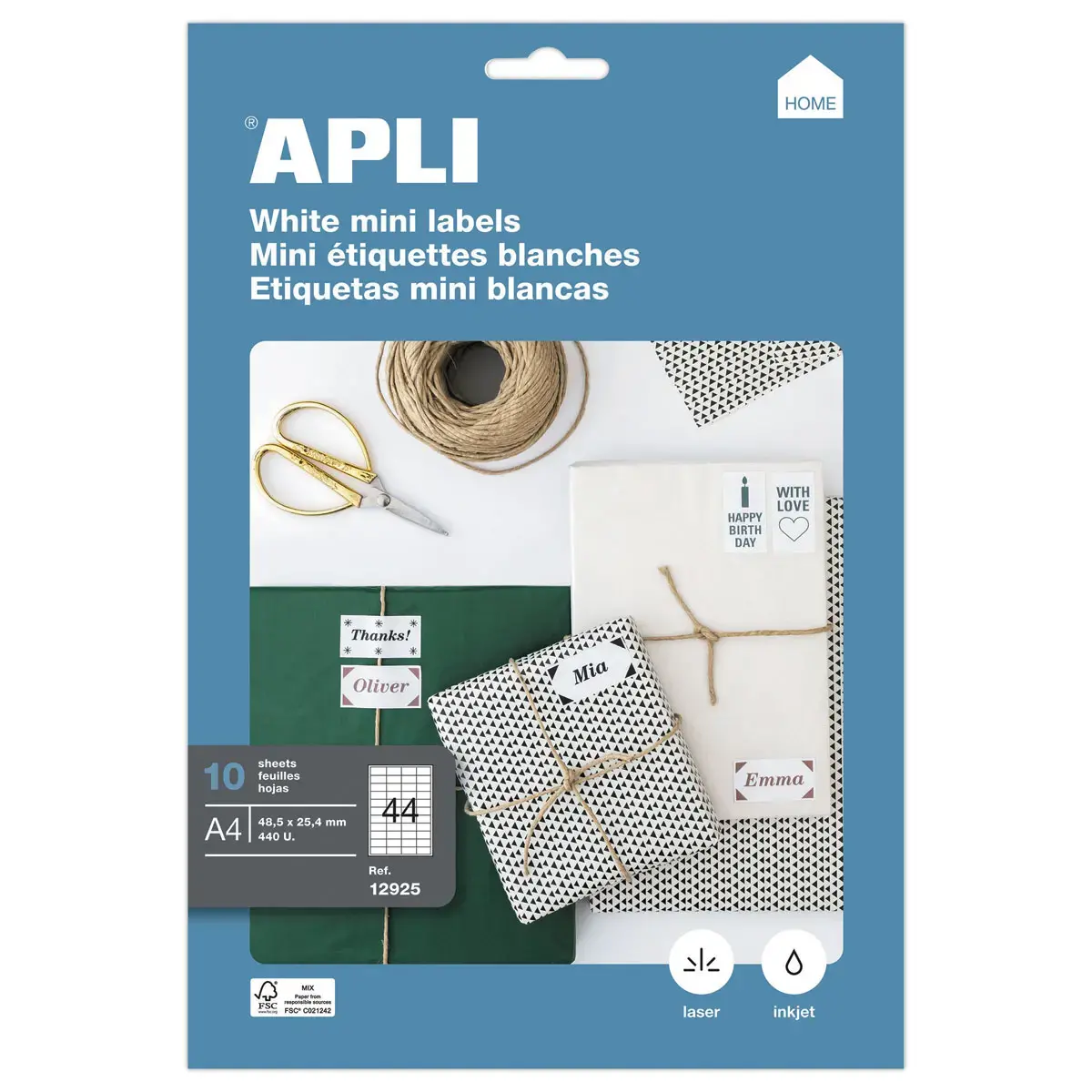 10 A4 vellen met 440 witte etiketten, vierkante hoeken 48,5 x 25,4 mm