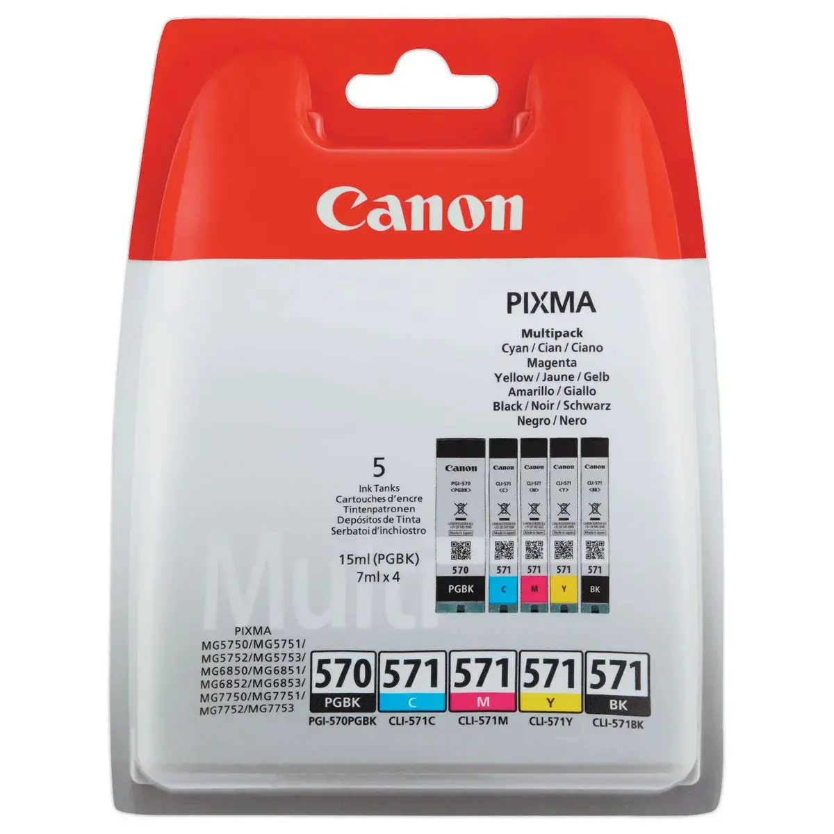 5 Verpakking cartridges CANON PGI-570 PGBK / CLI-571 zwart en kleuren